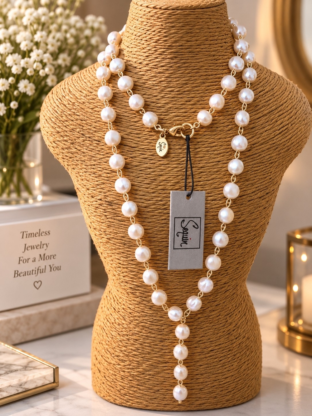 Gold and White Pearl Y-Necklace